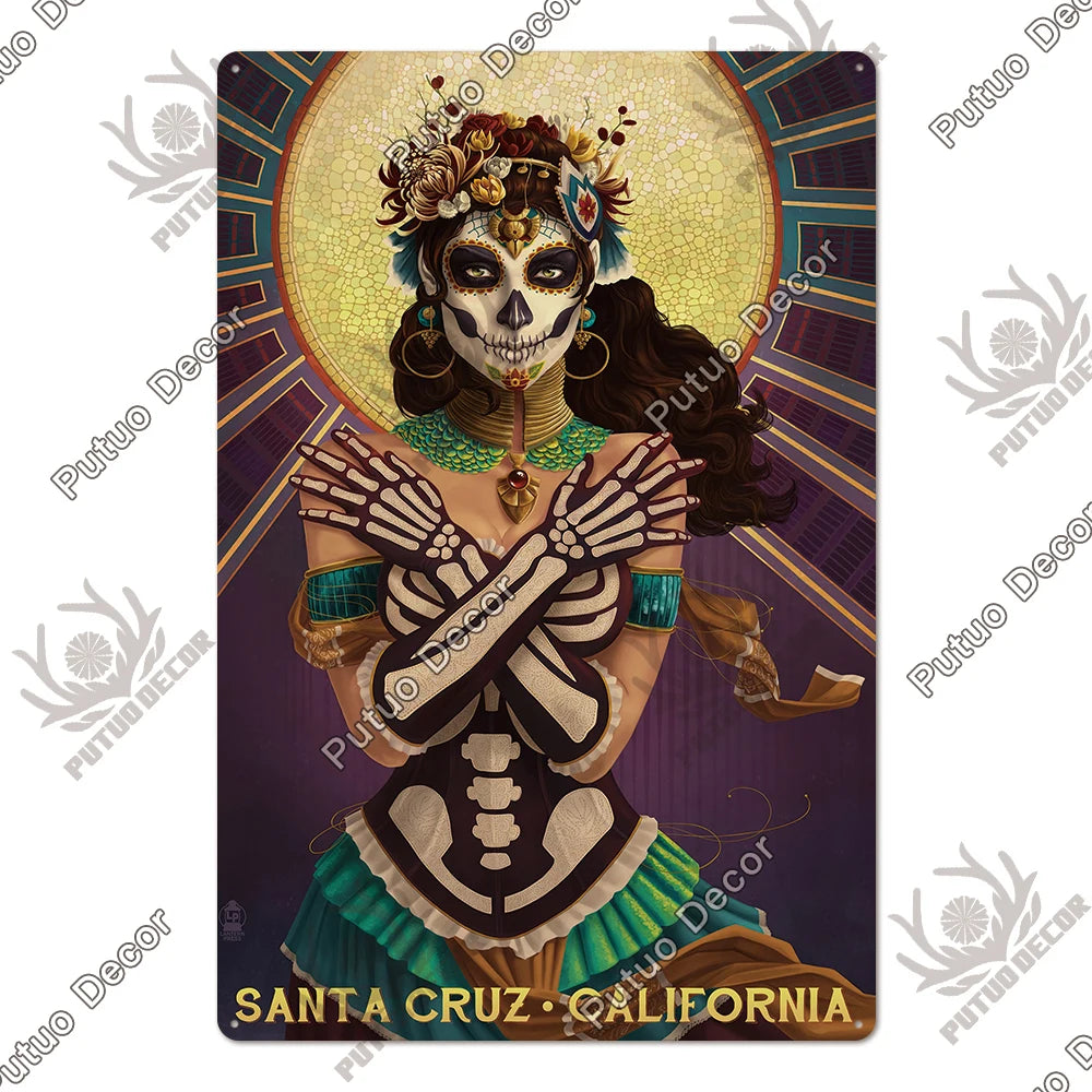 Putuo Decor Day of the Dead Tin Sign Vintage