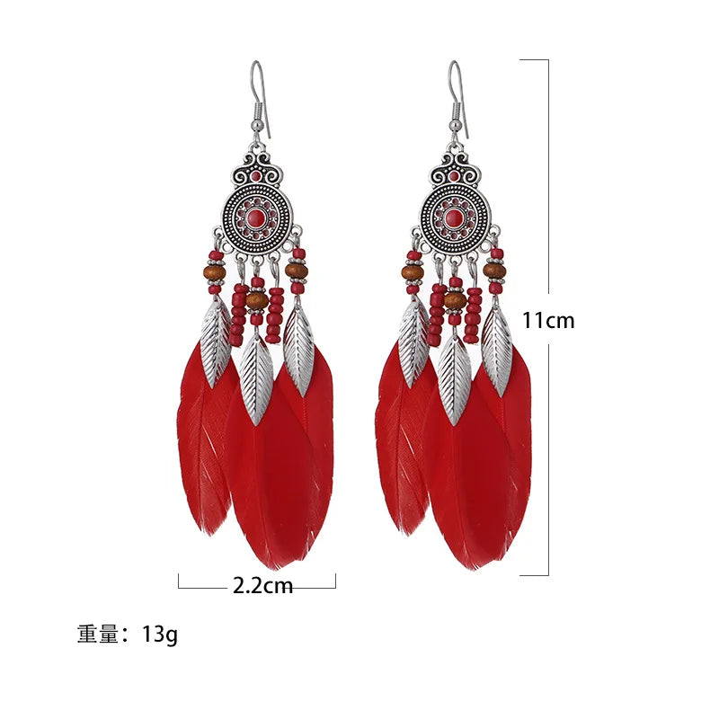 Ethnic Long Tassels Feather Drop Earrings