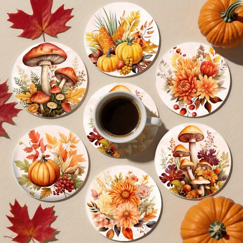 2D Fall Pumpkin Leaf Pattern Wooden Coaster