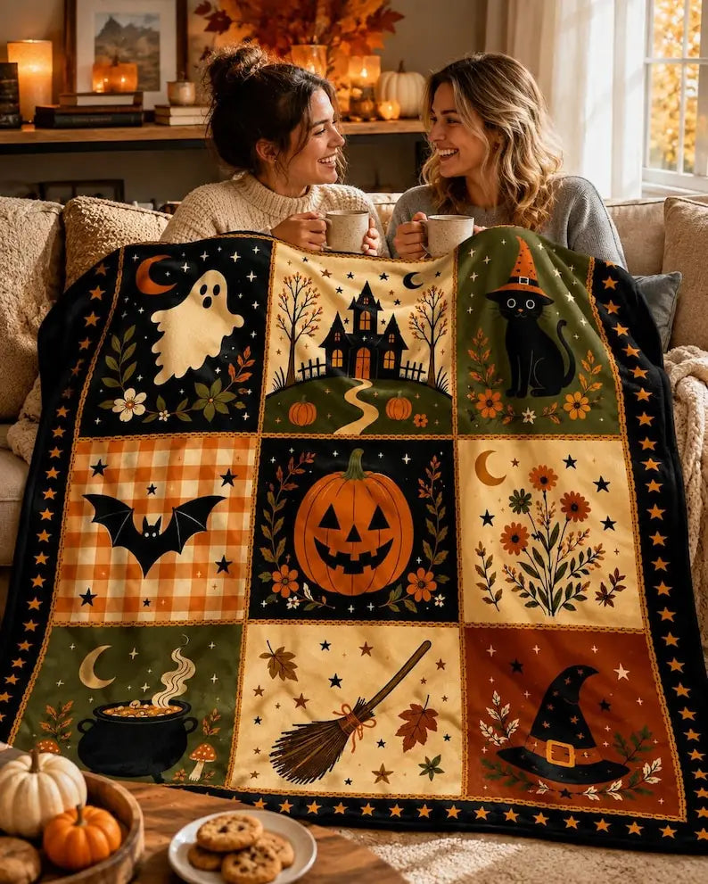 Vintage Halloween Patchwork Throw Blanket