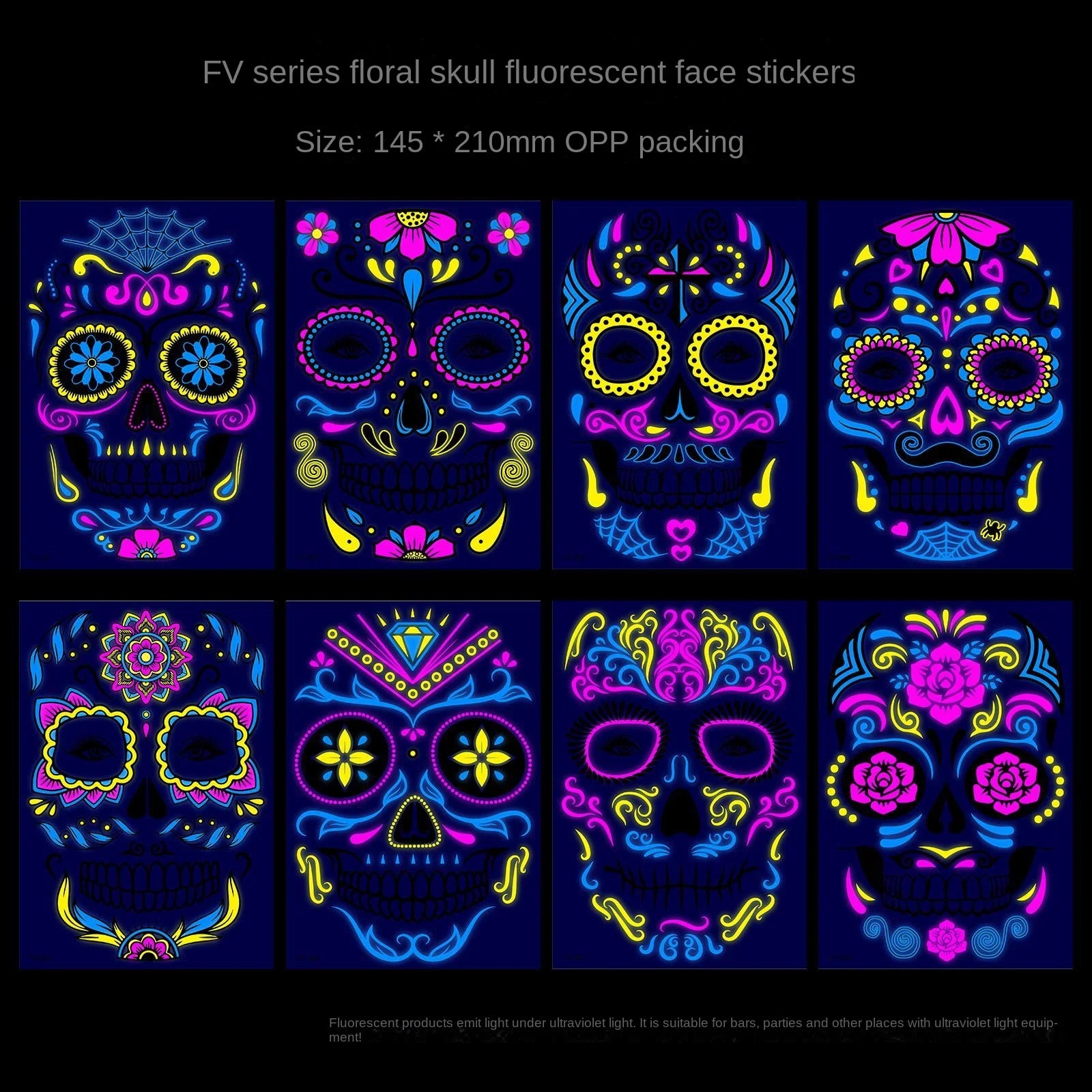 Waterproof Fluorescent Temporary Tattoo Stickers Day of the Dead