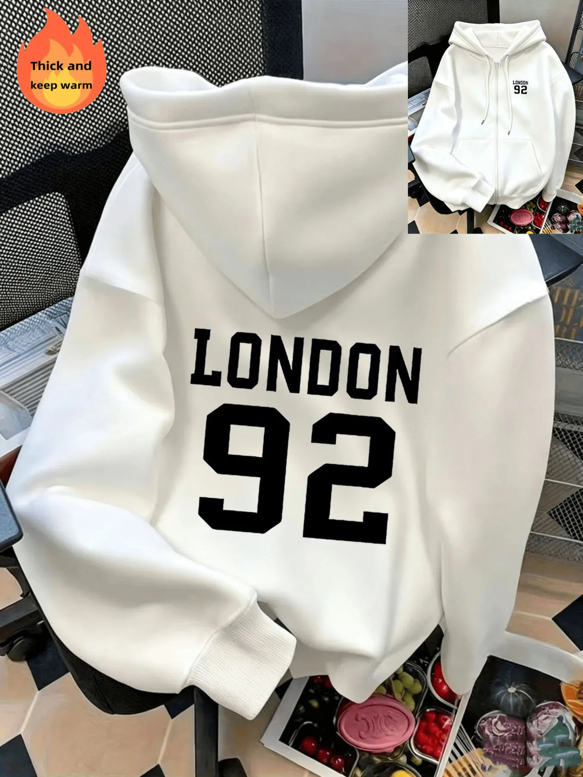 Letter-Printed Zip-Up Hoodie, Casual