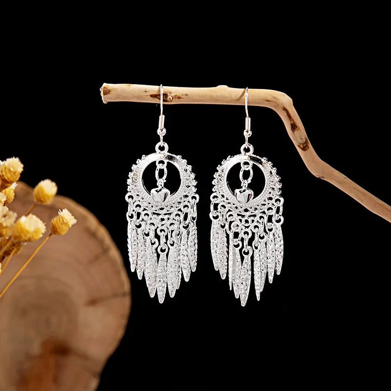 Ethnic Silver Color Long Leaf Dangle Earrings
