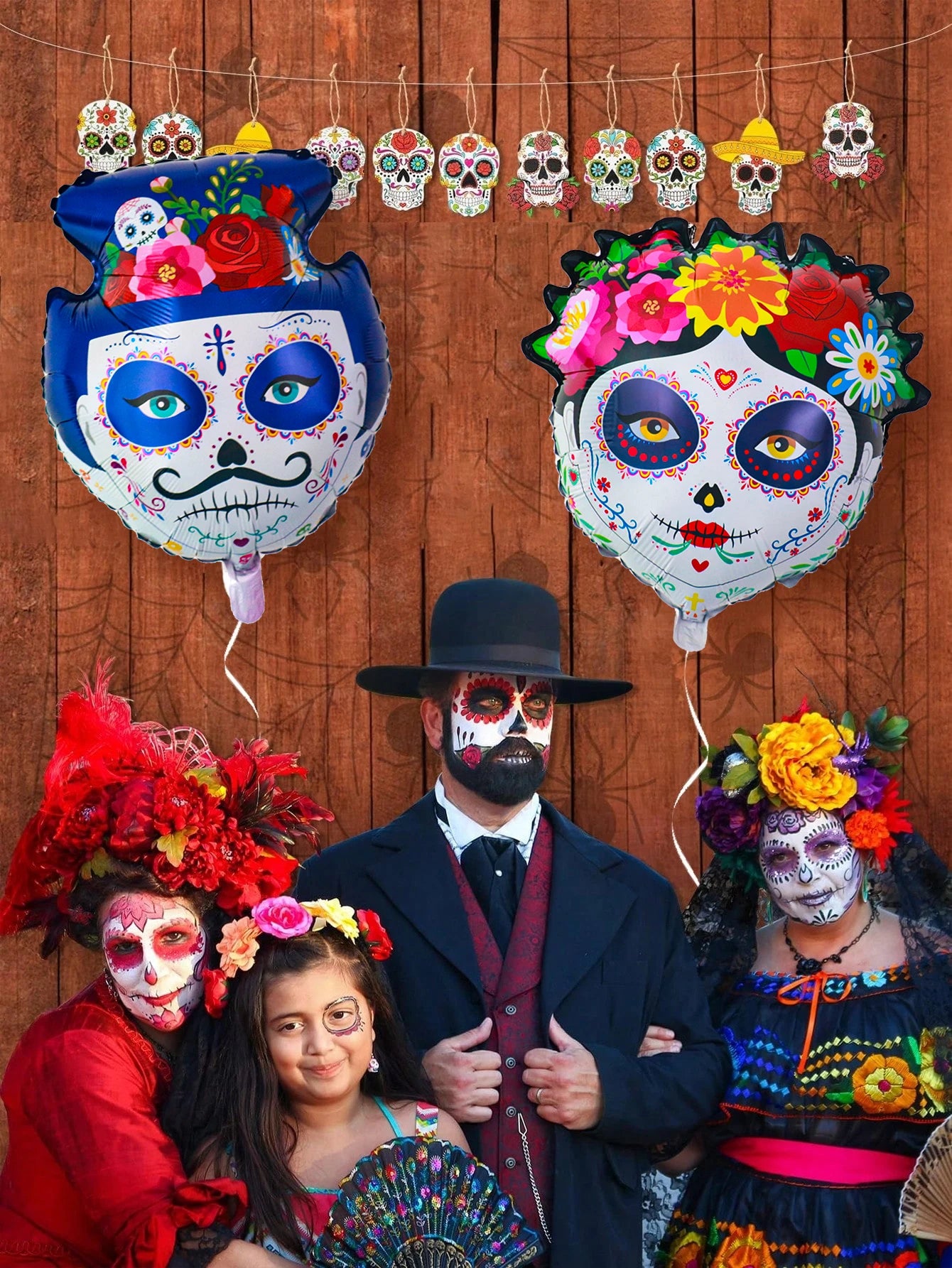 2pcs Bride and Groom Colorful Flower Skull Balloons Day of the Dead Decoration