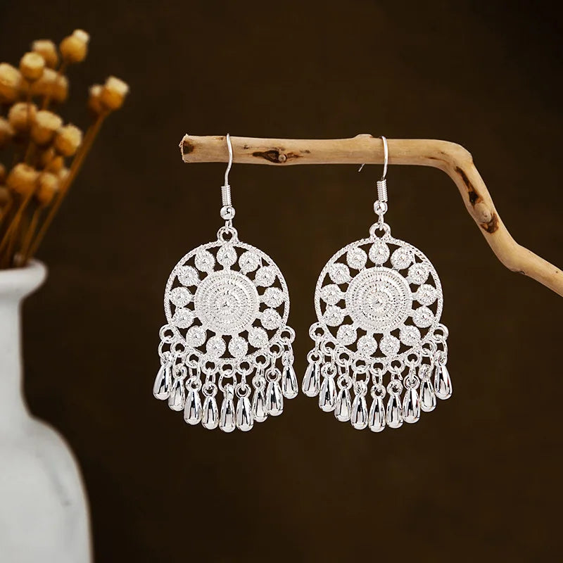 Ethnic Silver Color Long Leaf Dangle Earrings