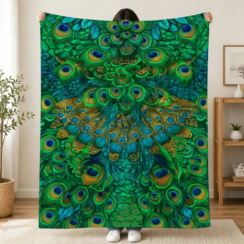 Vintage Green Peacock Feather Blanket