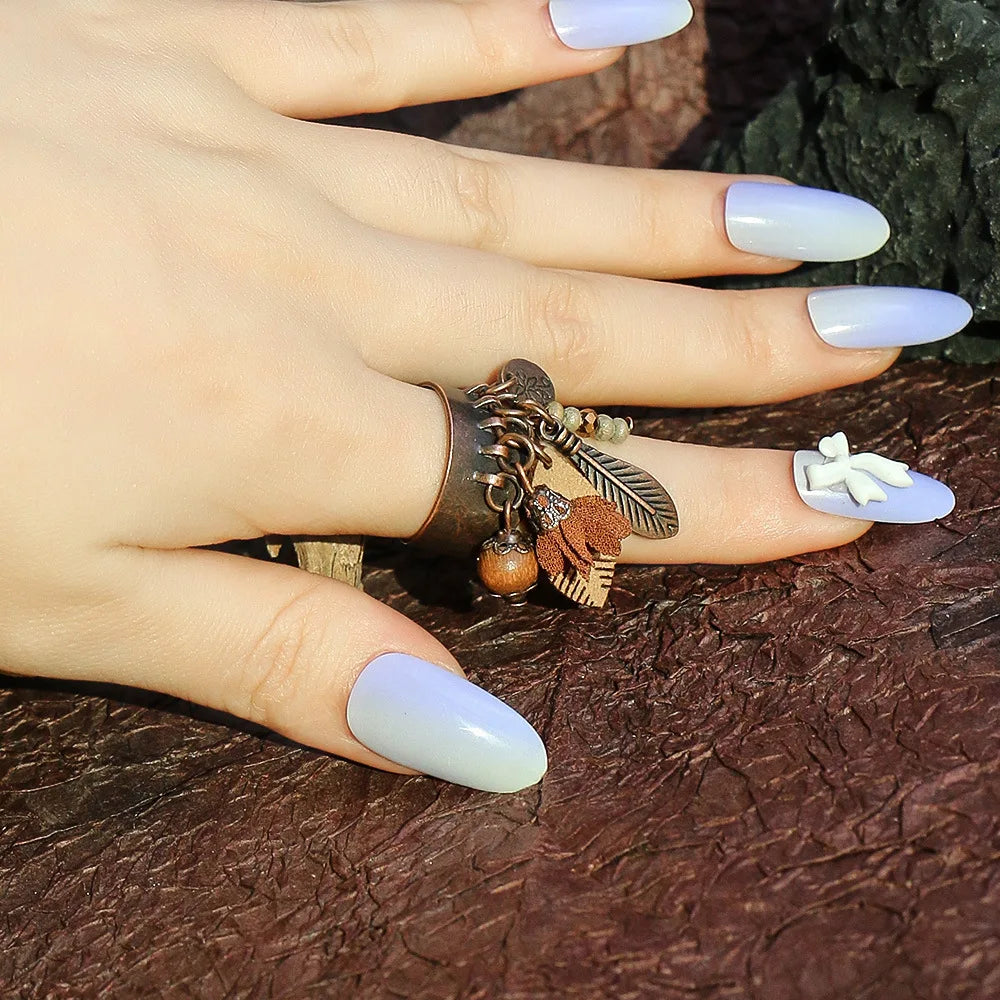 Ethnic Flower Feather Tassel Rings For Women Vintage Antique