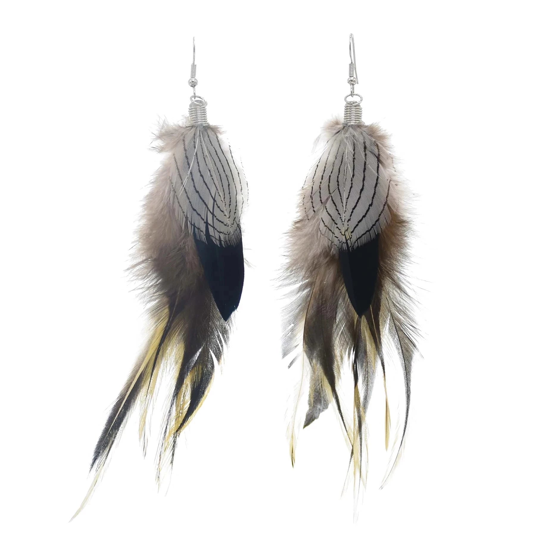 Brown Blue Feather Tassel Earrings