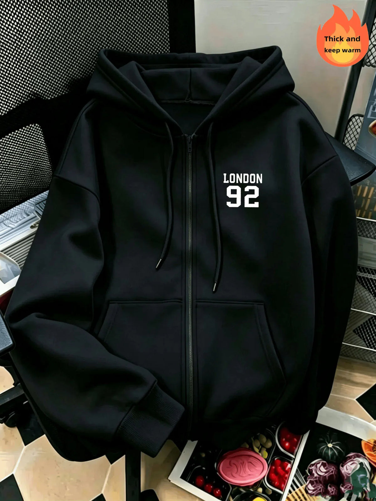 Letter-Printed Zip-Up Hoodie, Casual