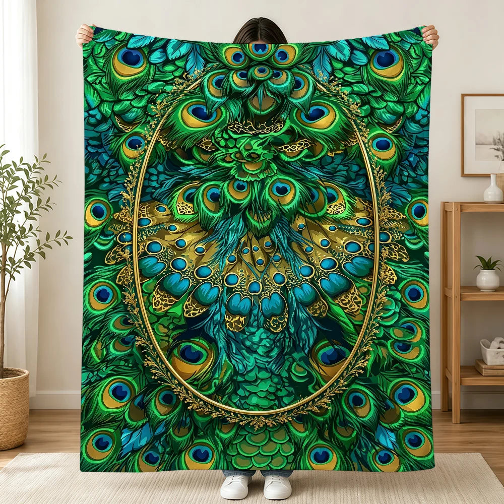 Vintage Green Peacock Feather Blanket