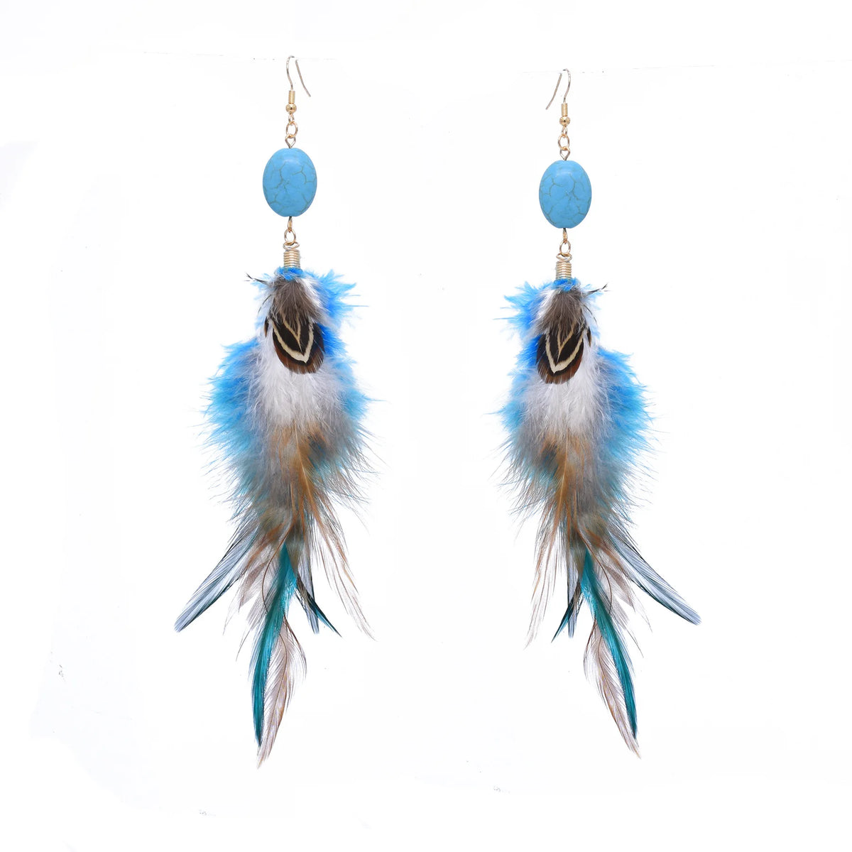 Brown Blue Long Feather Earrings