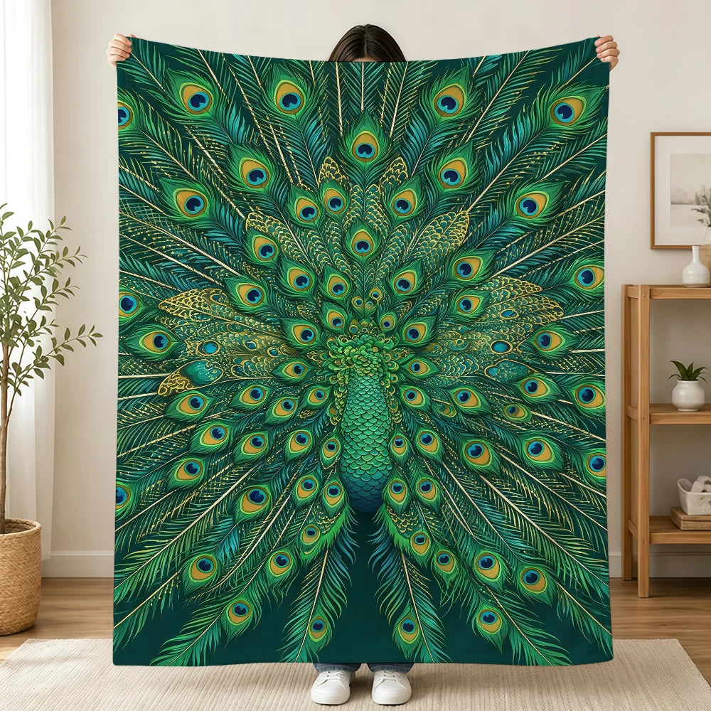 Vintage Green Peacock Feather Blanket