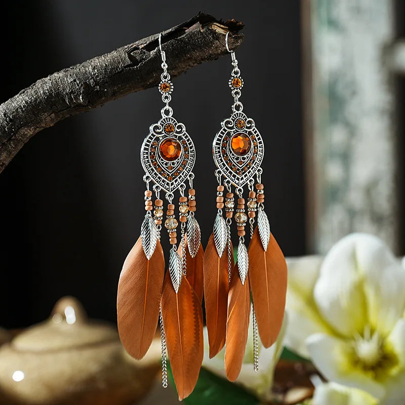 Feather Long Leaf Tassel Drop Earrings