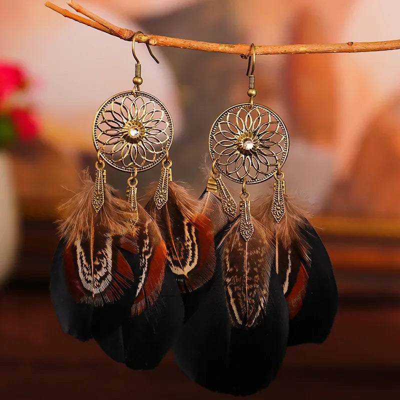 Native Vintage Jewelry Feather Tassel Long Earrings