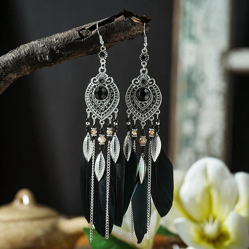 Feather Long Leaf Tassel Drop Earrings