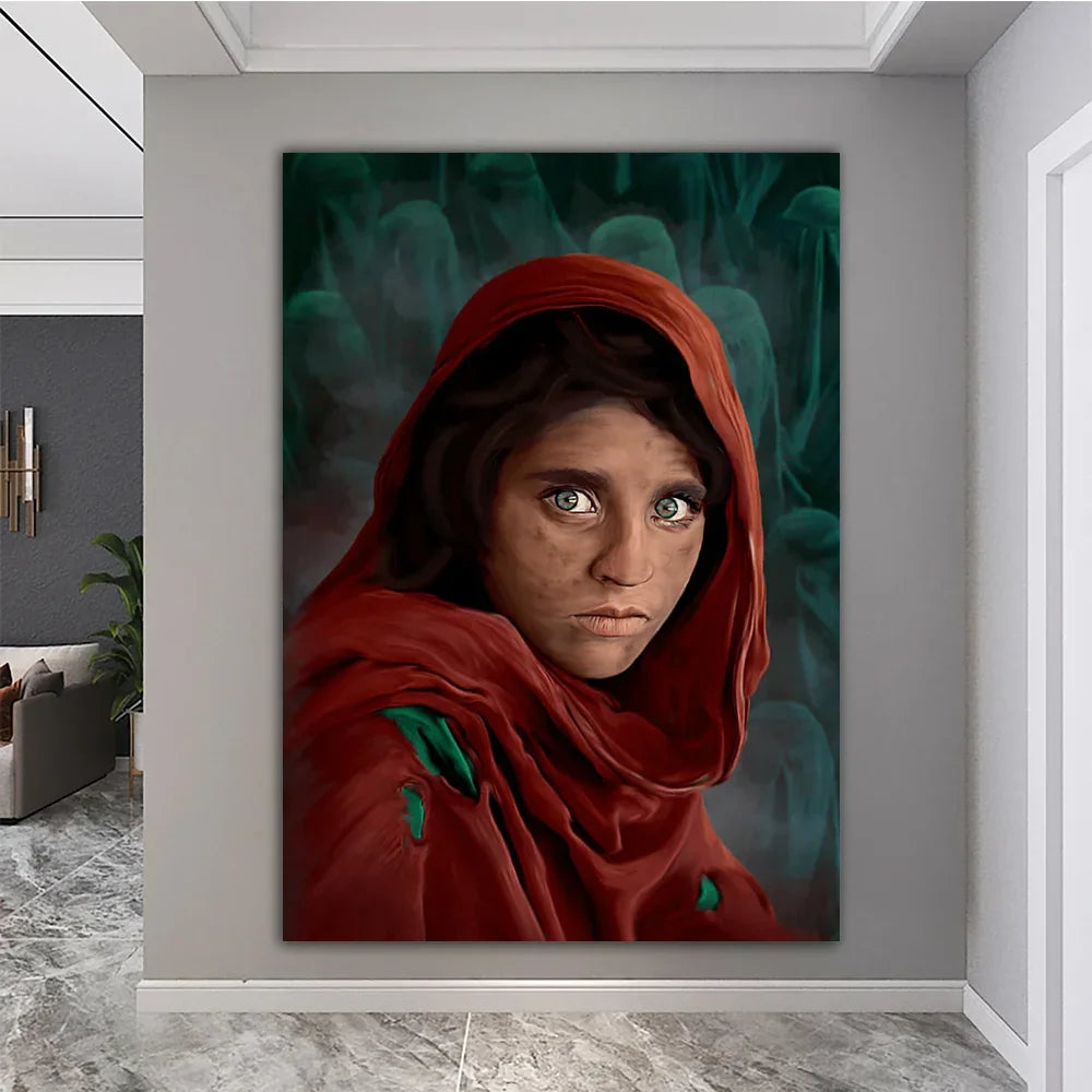 لوحة جدارية كلاسيكية حديثة بتصميم عرقي، صورة فتاة أفغانية، وشاح رأس أحمر، ملصق قماشي، طباعة لتزيين غرف النوم والمعيشة بالمنزل