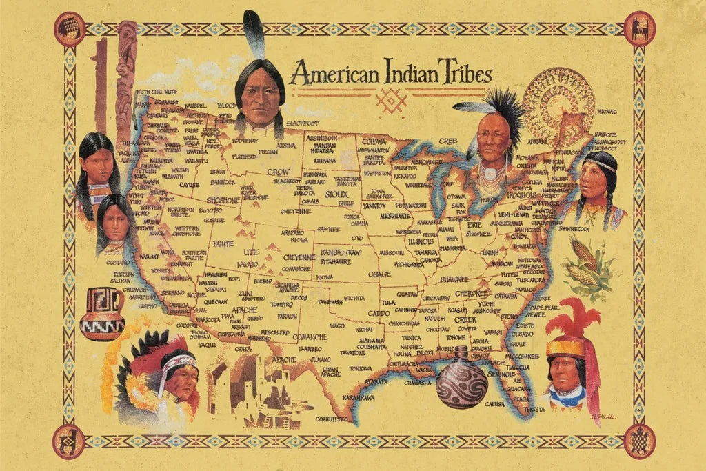 American Indian Tribes Vintage Map Poster Wall Painting
