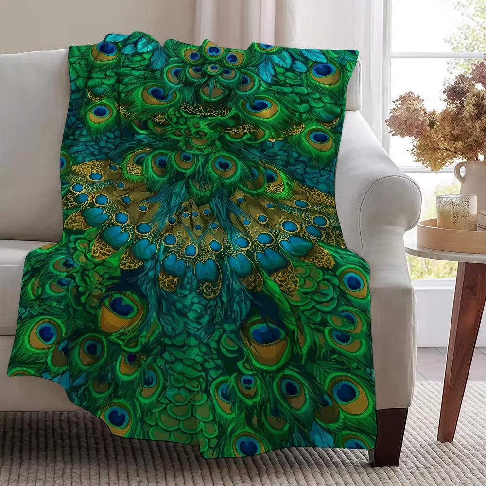Vintage Green Peacock Feather Blanket