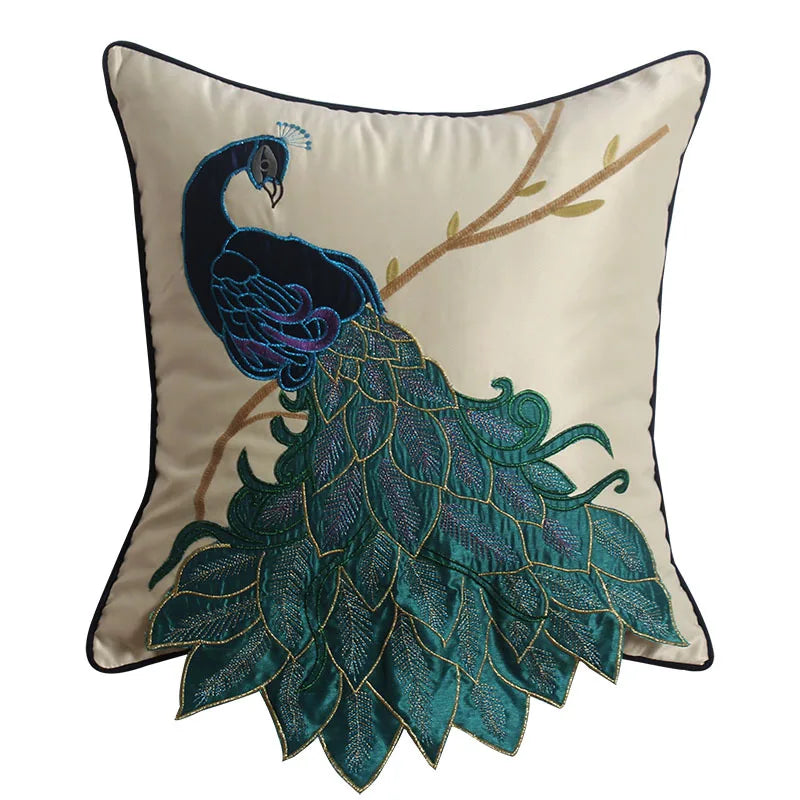 Embroidered Peacock Pillow