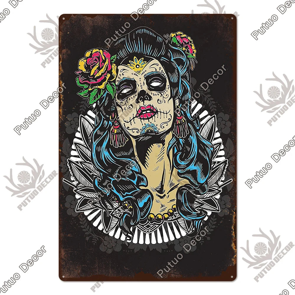 Putuo Decor Day of the Dead Tin Sign Vintage