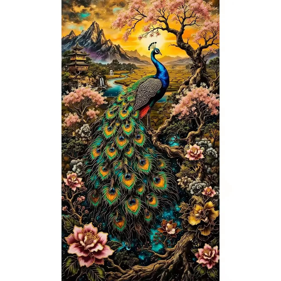 Diamond Art Beautiful Peacocks Flowers Tree Kit
