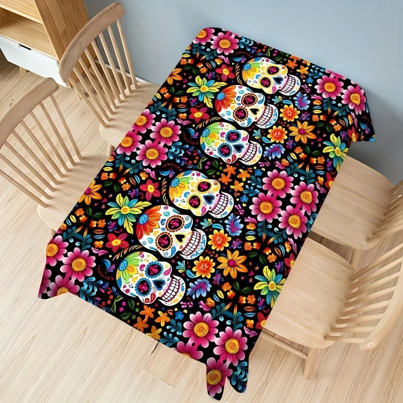 Mexican Day of The Dead Skull Flower Waterproof Tablecloth