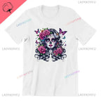 Skull T-Shirt La Catrina Girl with Purple Roses Dia De Los Muertos Day of The Dead