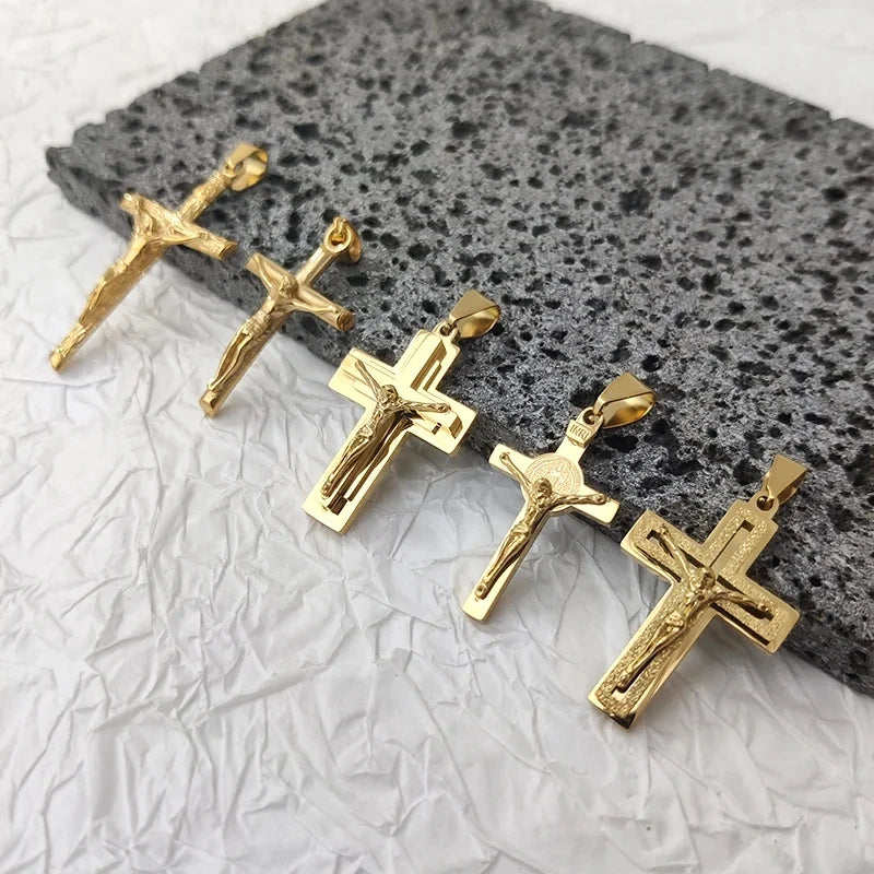 Jesus Cross 18k Gold Plated Stainless Steel Pendant Necklace