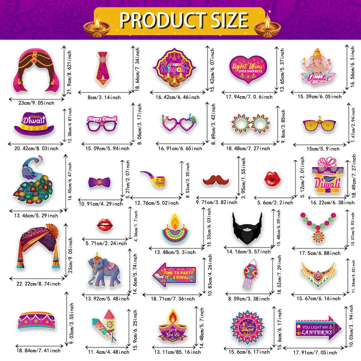 30Pcs/Set Happy Diwali Theme Photo Booth Props