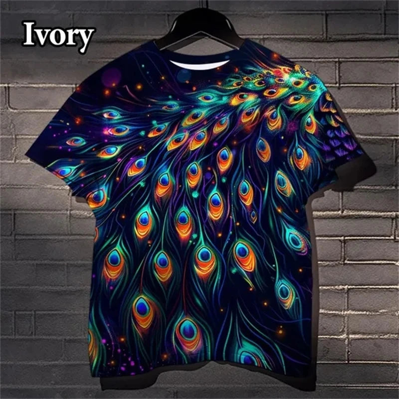 3D Peacock Feather Pattern Casual T-shirt