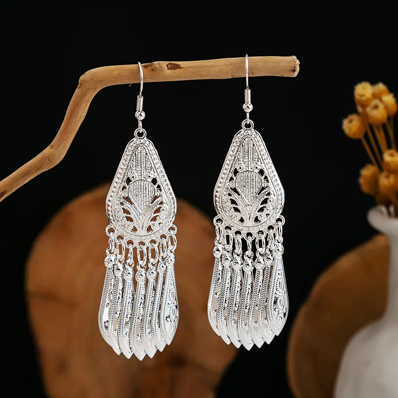 Ethnic Silver Color Long Leaf Dangle Earrings