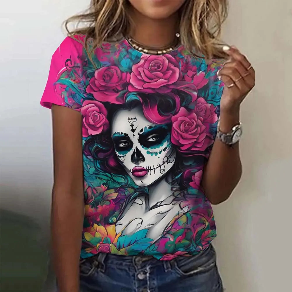 Women's T-shirt for Girls Short Sleeve Day of the Dead Undead Skull