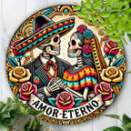 Dia de los Muertos Aluminum Wall Art, Eternal Affection Skeleton Couple Wreath
