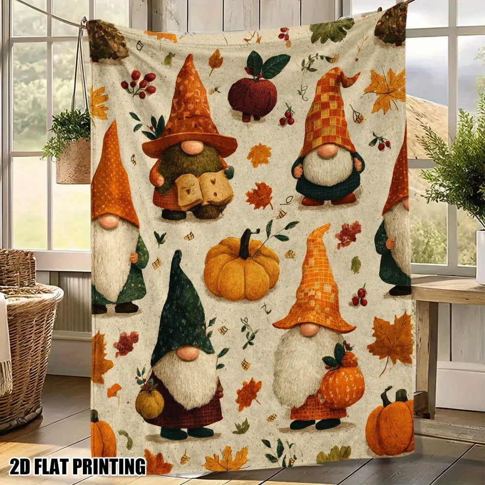 1pc Warm Thanksgiving Gnomes Printed Flannel Throw Blanket