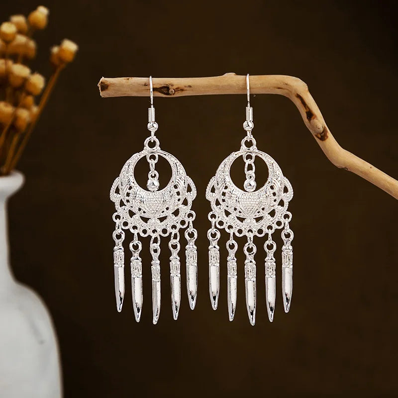 Ethnic Silver Color Long Leaf Dangle Earrings