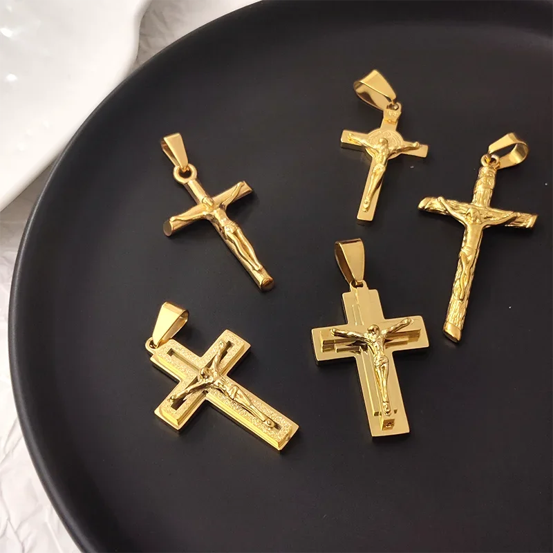 Jesus Cross 18k Gold Plated Stainless Steel Pendant Necklace