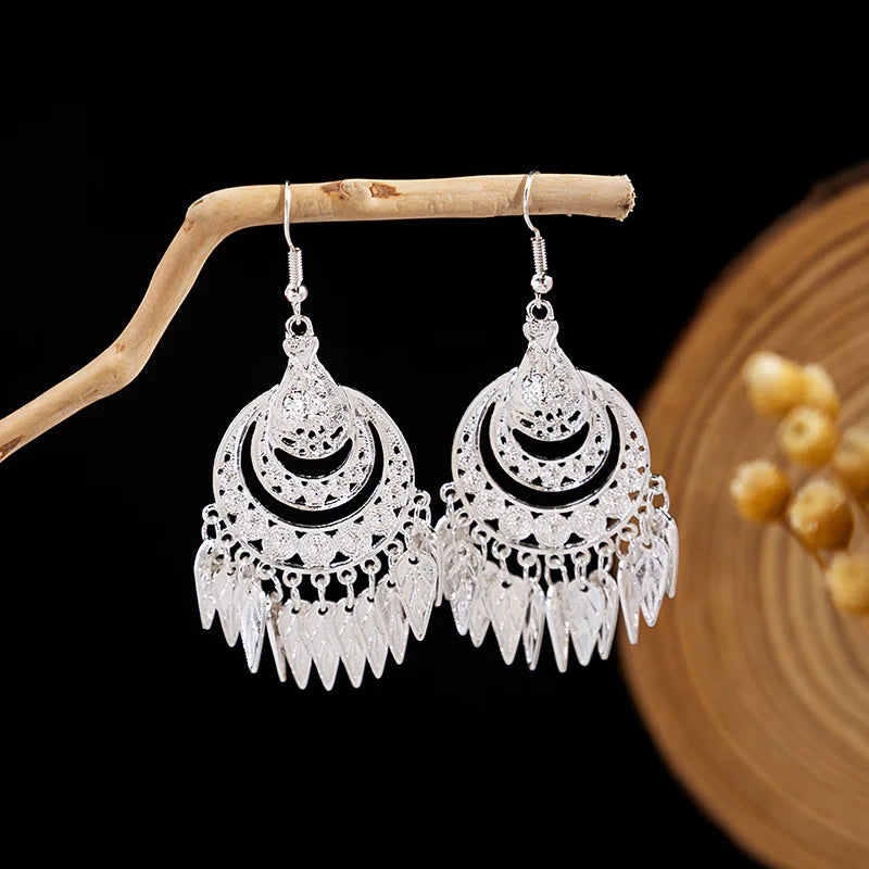 Ethnic Silver Color Long Leaf Dangle Earrings