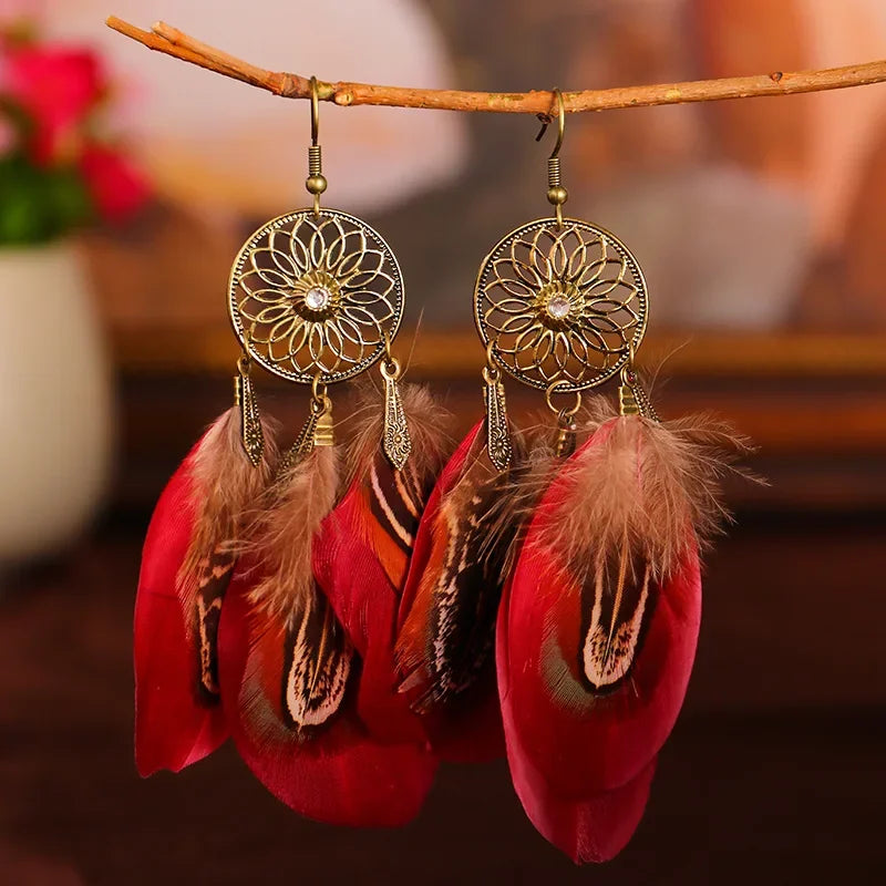 Native Vintage Jewelry Feather Tassel Long Earrings