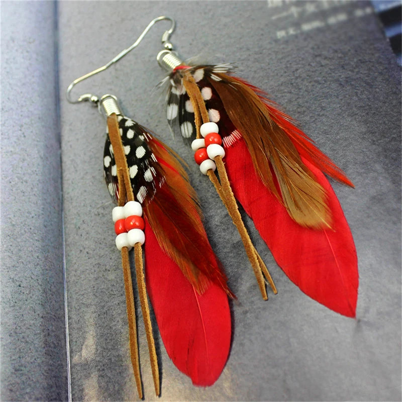 Tassel Dangling Earrings Colorful Feather