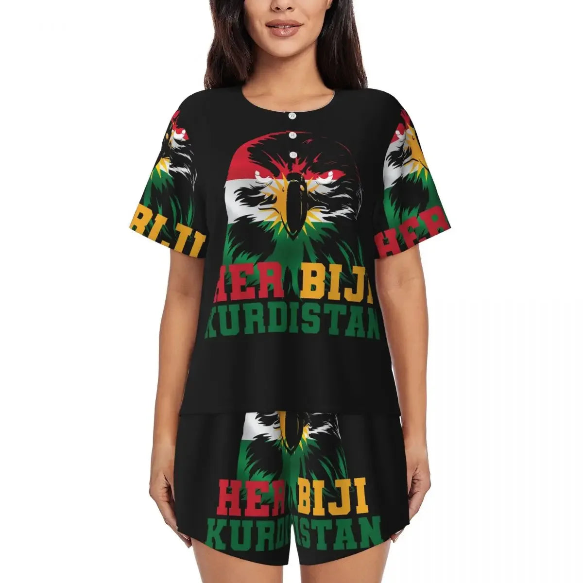 Kurdistan Flag Round Neck Short Sleeves Nightdress