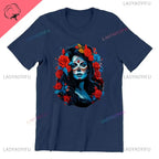 Skull T-Shirt La Catrina Girl with Purple Roses Dia De Los Muertos Day of The Dead
