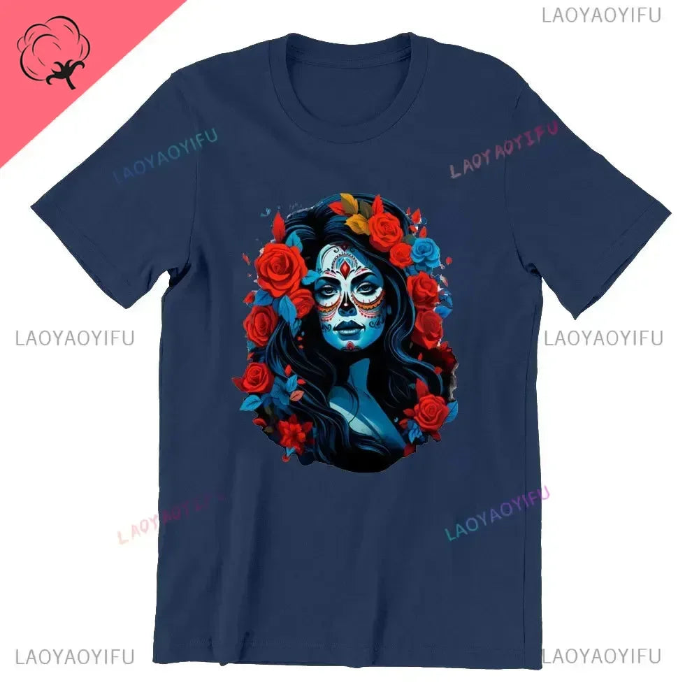 Skull T-Shirt La Catrina Girl with Purple Roses Dia De Los Muertos Day of The Dead
