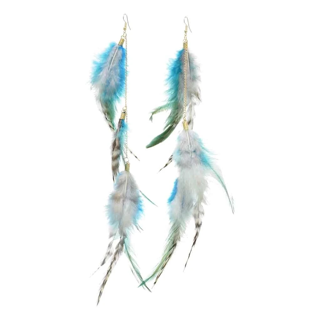 Brown Blue Feather Tassel Earrings