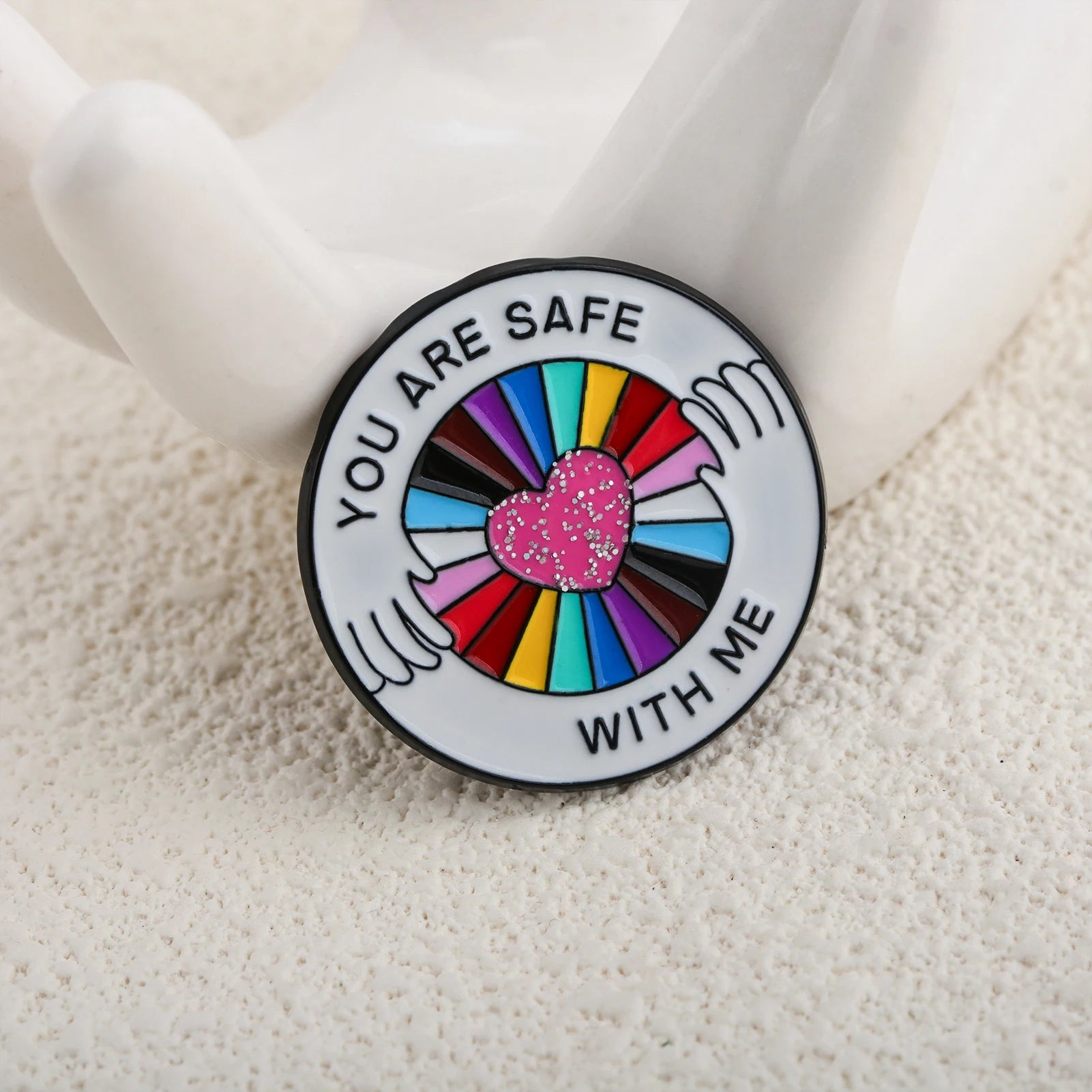 You Are Safe With Me Rainbow Glitter Heart Enamel Pin LGBTQ