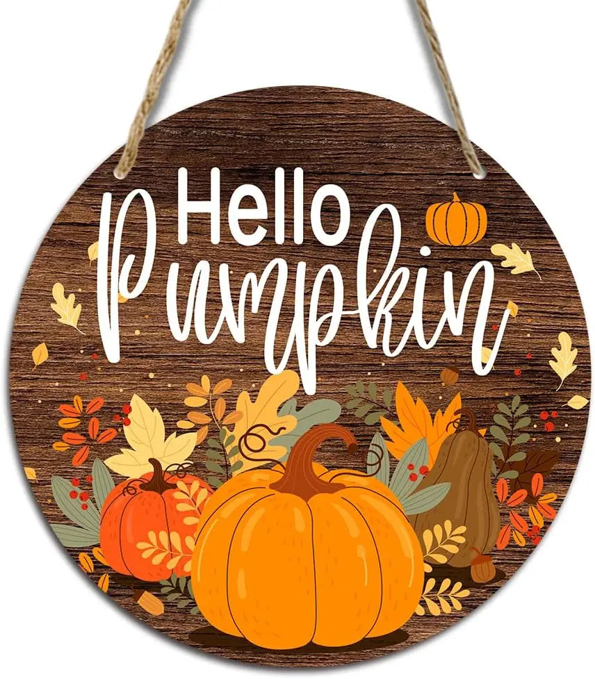 Hello Autumn Maple Leaf Pumpkin Sign