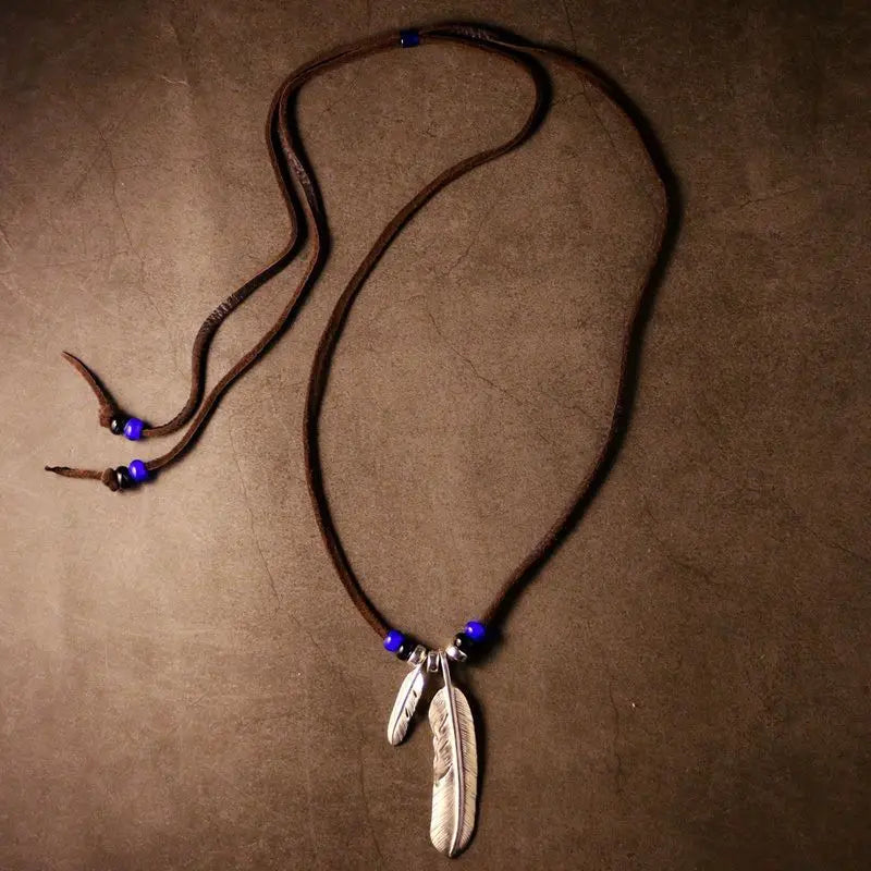 Retro Style Feather Turquoise Pendant Leather Rope Necklace