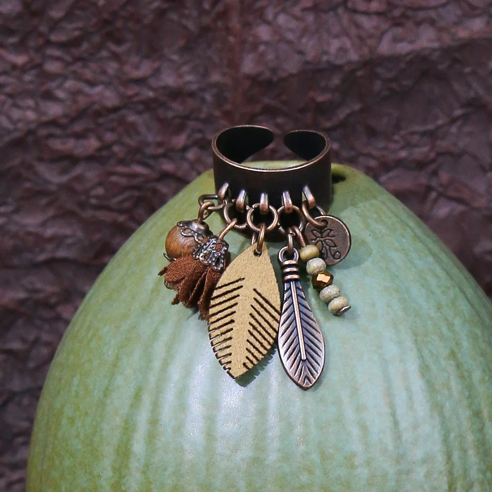 Ethnic Flower Feather Tassel Rings For Women Vintage Antique