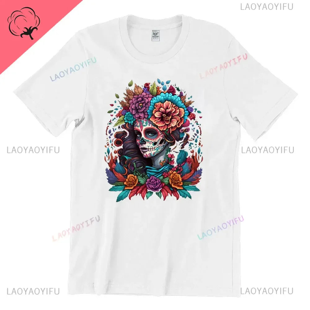 Skull T-Shirt La Catrina Girl with Purple Roses Dia De Los Muertos Day of The Dead