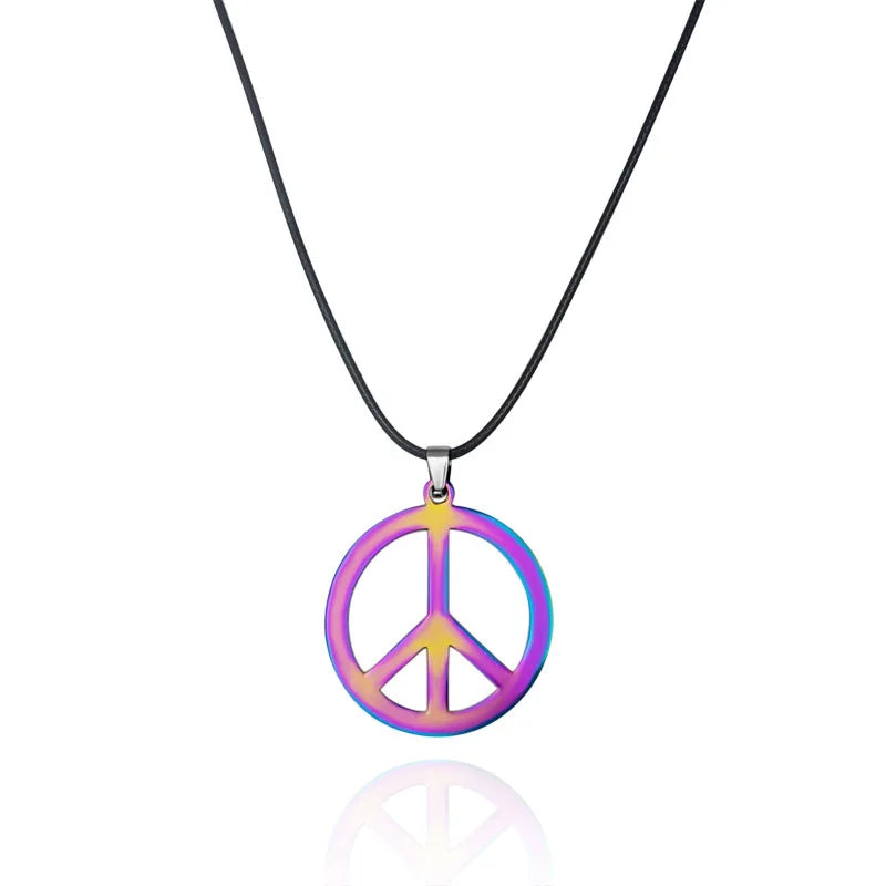 Black Leather Peace Sign Symbol Pendant Necklace