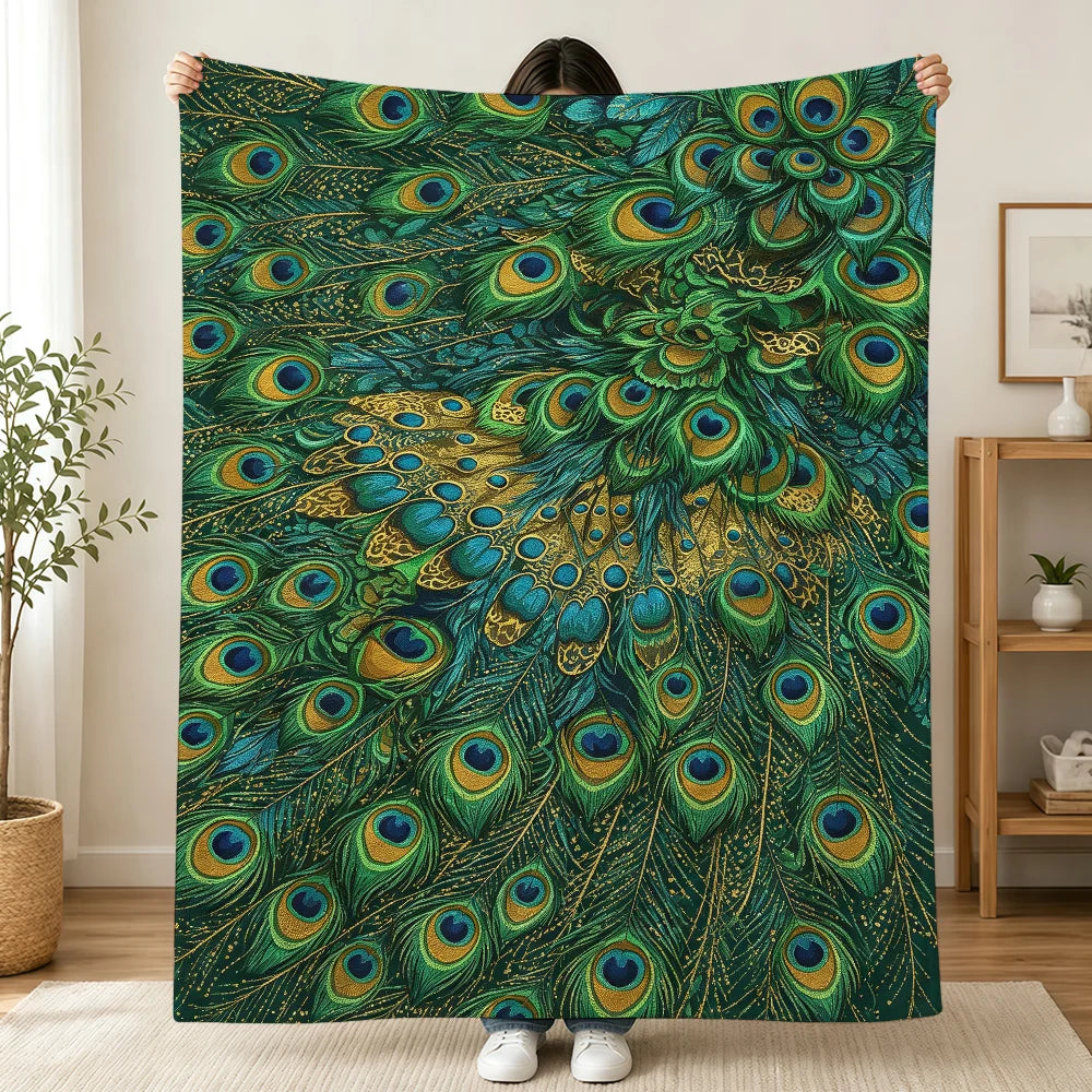 Vintage Green Peacock Feather Blanket